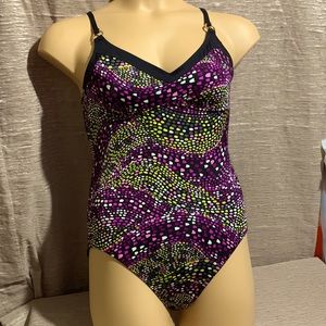 Lelani Bathing Suit Swimwear Black Purple Pink Print Size 10